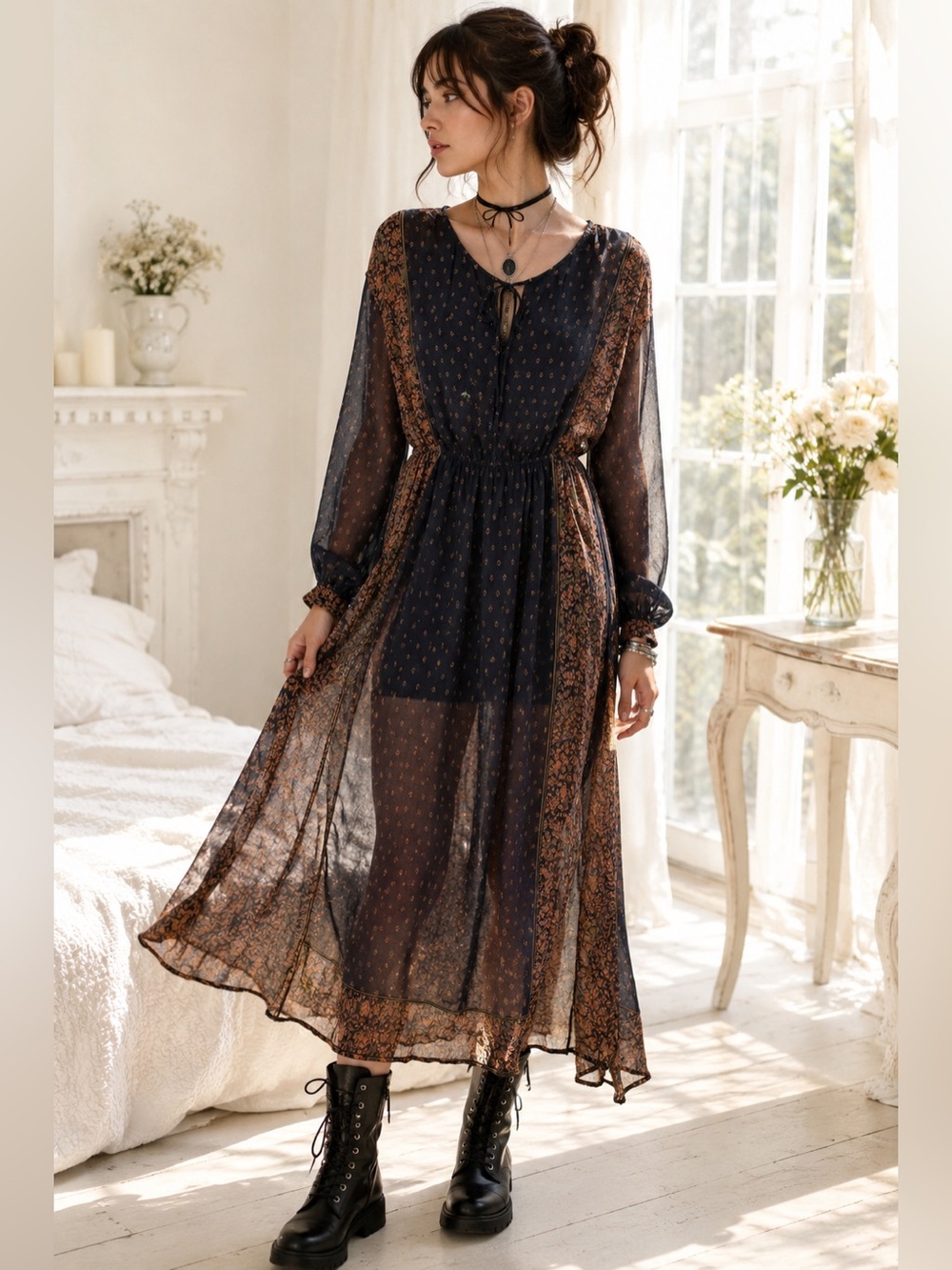 Lucky Brand Sheer Boho Midi Dress Black Brown Festival WhimsiGoth Romantic S - Picture 10 of 10